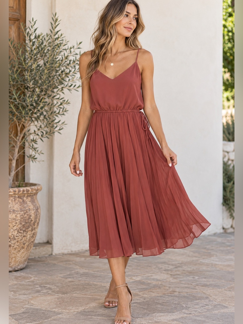 ASOS DESIGN Rust Terracotta Pleated Chiffon Midi Dress Tie Waist US 4